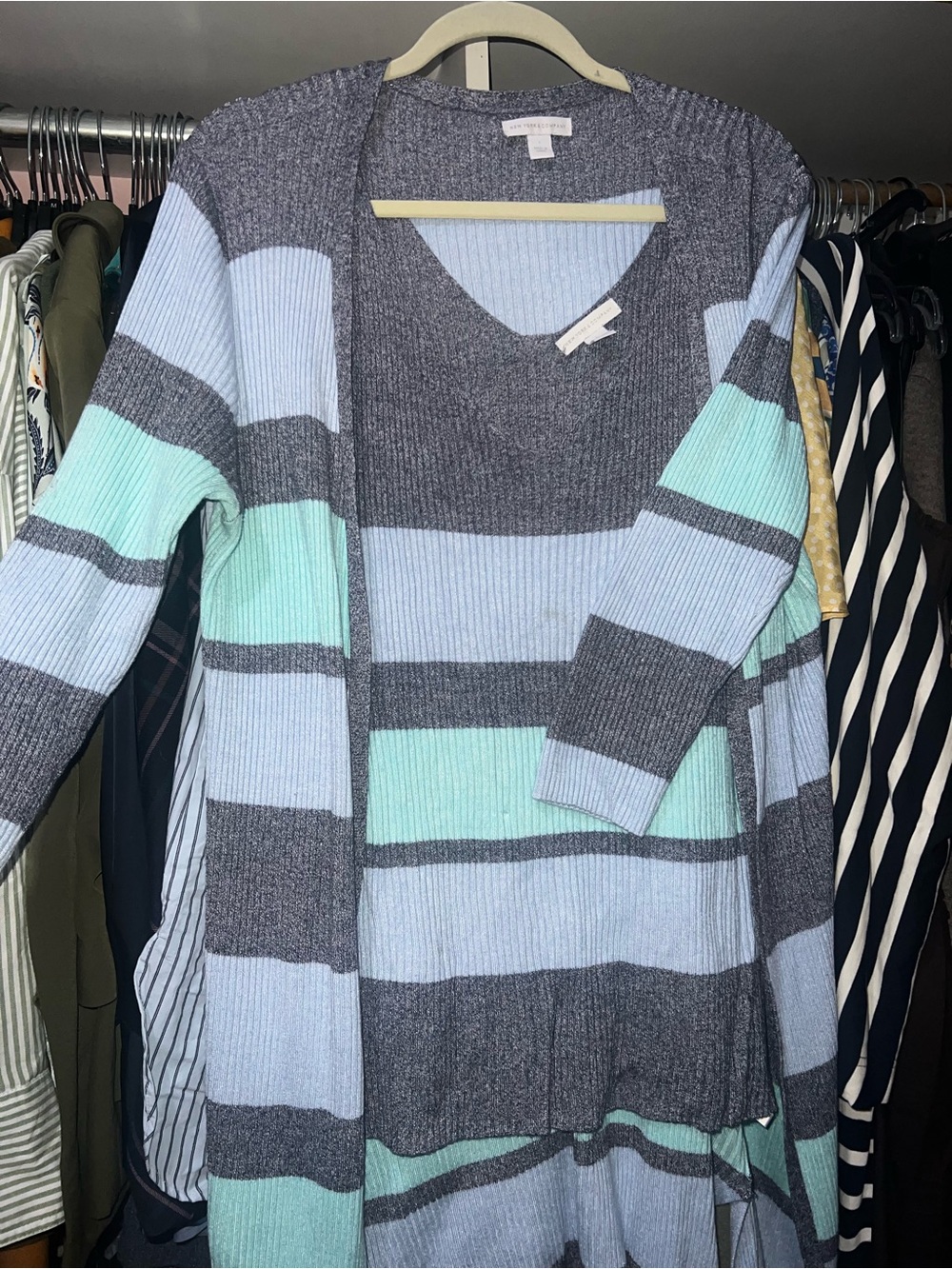 Striped V-Neck Sweater Set in Gray and Light Blue